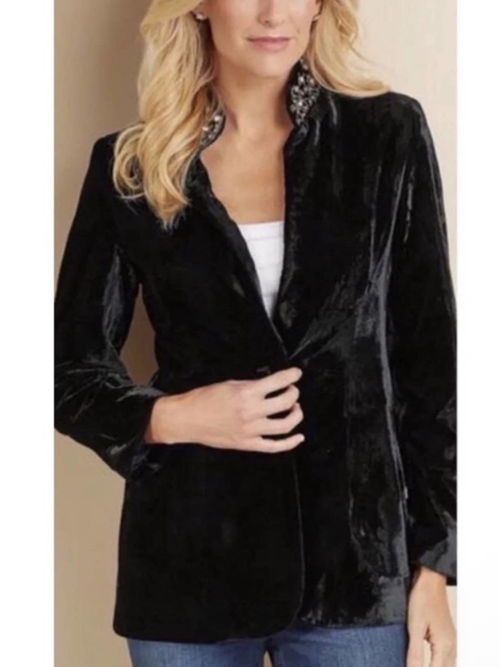 Soft Surroundings Women's Black Starlet Velvet Jeweled Beaded Evening Blazer